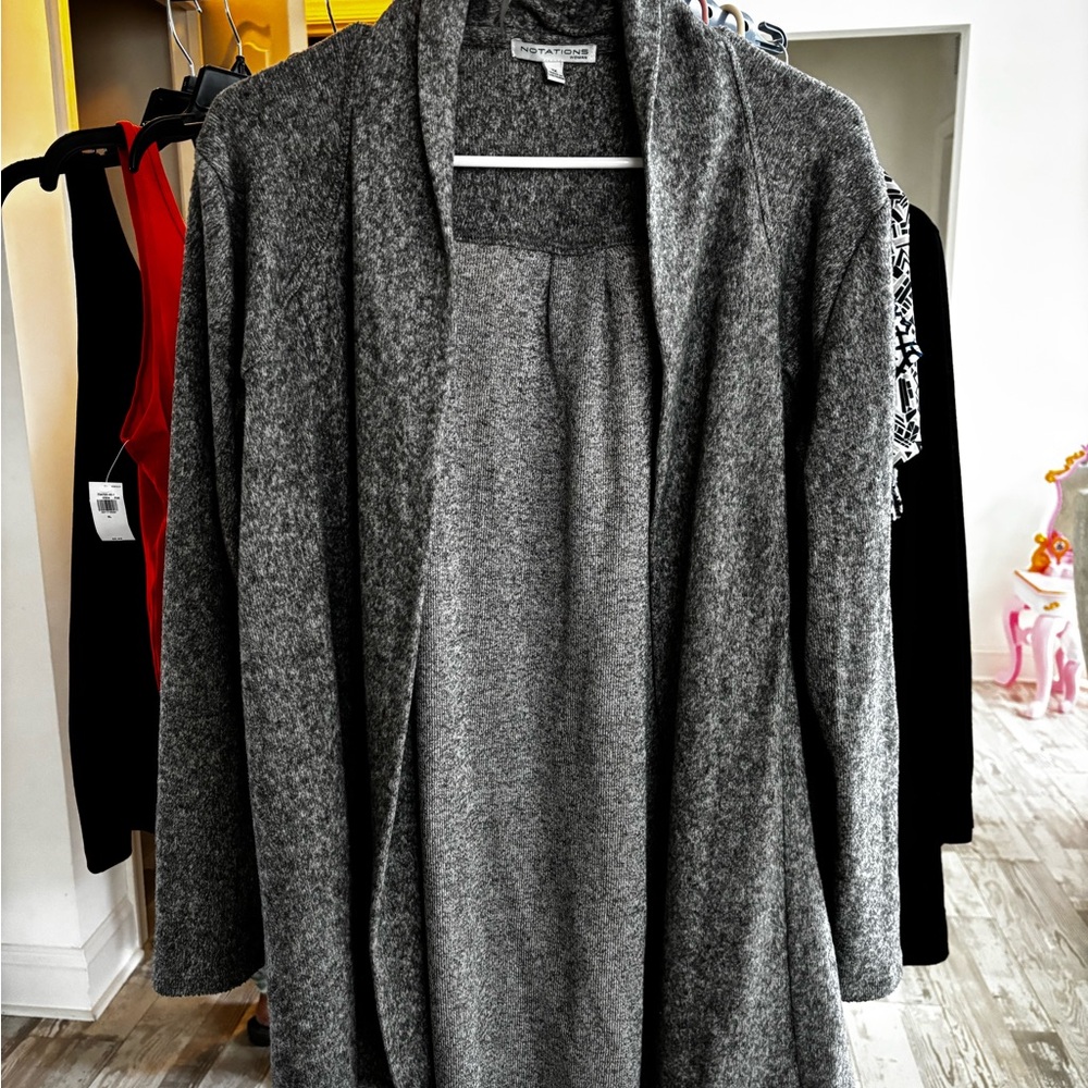 Notations Gray Cardigan Sweater Open-Front Knit